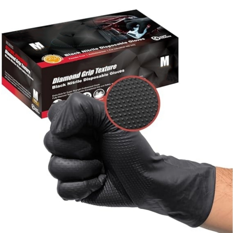 Garden Gloves - 8ミルヘビーデューティーブラックニトリルグローブ使い捨てダイヤモンドテクスチャ安全作業用手袋工業用メカニックオートガーデニンググローブ