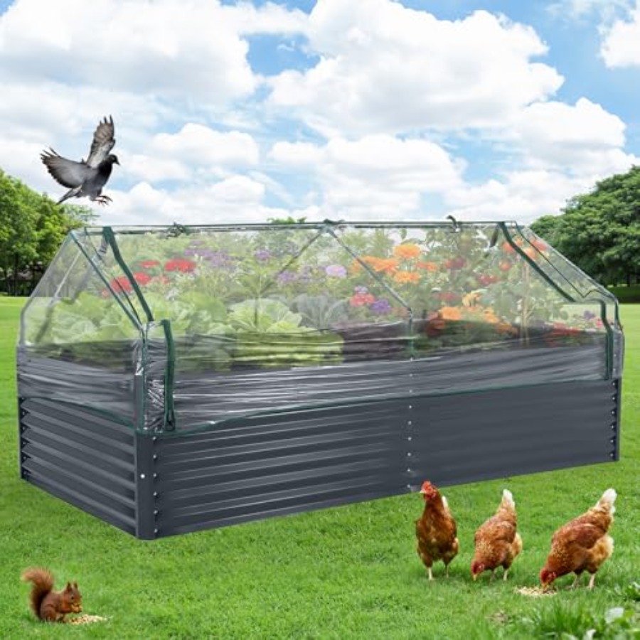Raised Garden Bed - 屋外での野菜栽培：亜鉛メッキ鋼製の高床式菜園（幅8フィート×奥行き4フィート×高さ2フィート）、深植えに適した温室カバー付き、色はグレー。