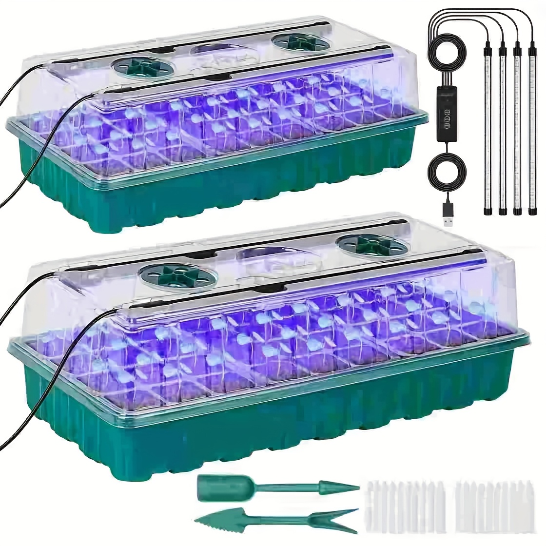 Seed Starter Tray - 72セル種子スタータートレイ、育成ライト付き、2種子発芽キット、湿度調整可能なドーム型背高蓋付き苗トレイ（庭用）
