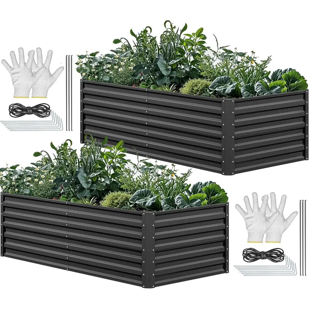 Garden Gloves - 6x3x2フィートの大型亜鉛メッキ金属製レイズドガーデンベッドキット（手袋付き、黒）