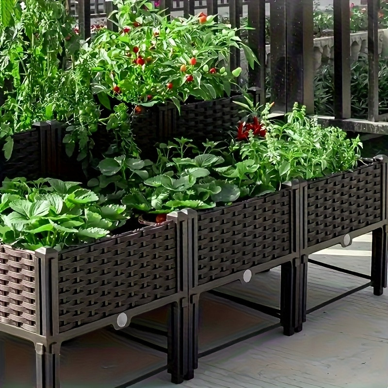 Raised Garden Bed - ガーデンレイズドベッド、自動給水装置と排水穴付きの高床式フラワーボックス、庭、バルコニー、パティオ用のハーブ野菜プランターコンテナ（2セット、ブラウン）